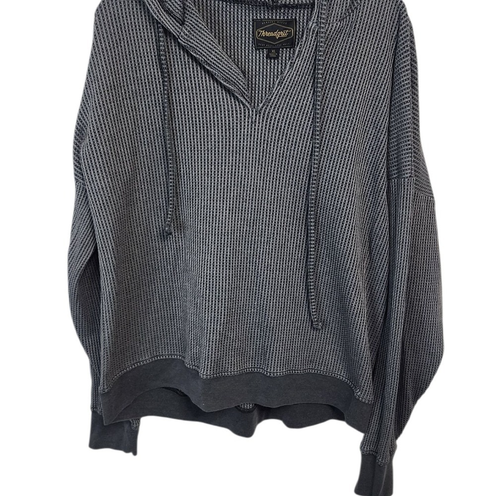 Threadgrit XL Gray Waffle‎ Knit V-Neck Hoodie Drawstring Pullover Sweatshirt